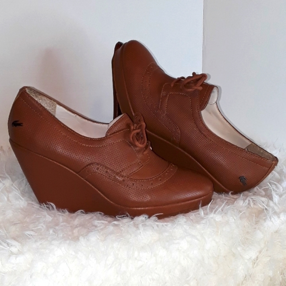 🐊Lacoste Paris Brown Leather Wedge Shoes. Women's Size: 7.5 - Picture 4 of 13